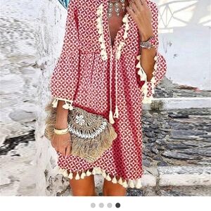 Boho Tassel Trim Red Printed Tunic Dress